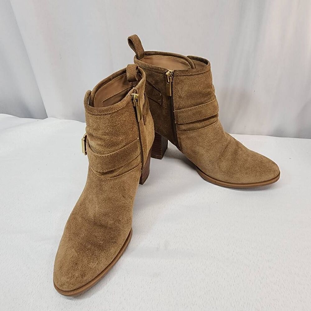 Franco Sarto Size 6.5 Women's Dorinda Suede Ankle Booties Cognac Buckle block He - Picture 2 of 10